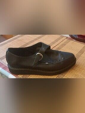 T.U.K. Black Leather Pointed Buckle Creepers For Men & Women, Low Platform Shoes